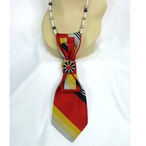 NEW Artisan Vintage Silk Tie Necklace Upcycled Pearl Accents Red Yellow Vibrant